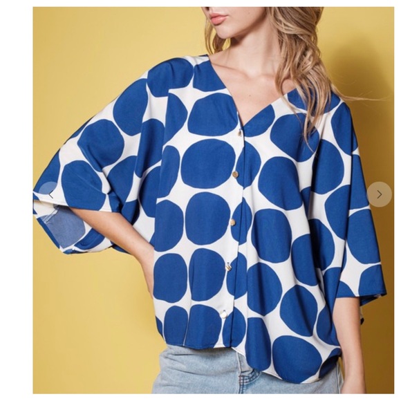 Large Ces Femme Boho V-Neck Blue Dotted Three-Quarters Sleeve Blouse Top - Picture 3 of 4